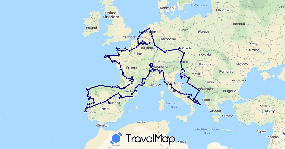 TravelMap itinerary: driving in Austria, Belgium, Switzerland, Czech Republic, Germany, Spain, France, Croatia, Italy, Netherlands, Portugal, Slovenia (Europe)